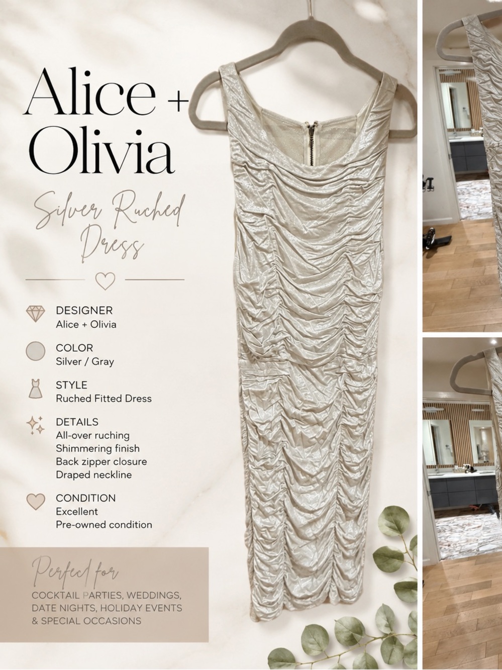 Alice + Olivia Silver Ruched Midi Dress